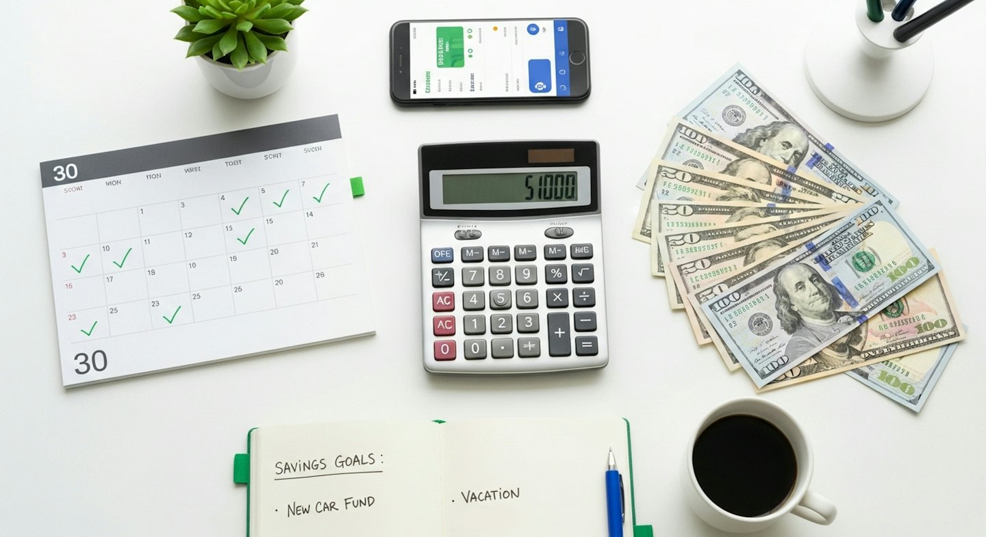 Desk items for financial planning including currency and a notebook.